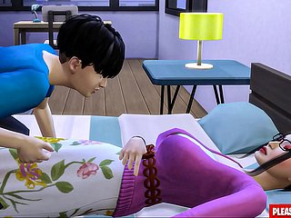 Stepson fode madrasta coreana que madrasta-mãe compartilha a mesma cama com seu enteado doll-sized quarto de hotel
